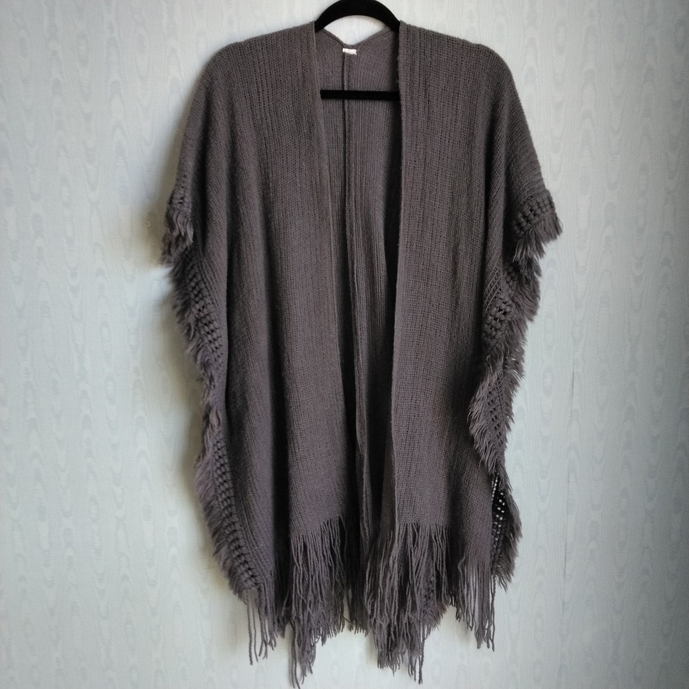 Women's One Size Open Knit Fringed Pom-pom Poncho Cardigan Gray Boho Lagenlook